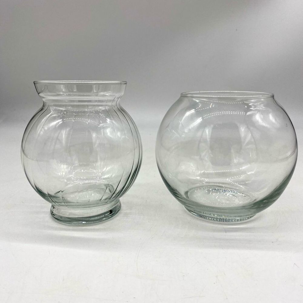 Pair Of Glass Round Posey Vases or Betta Fish Bowls